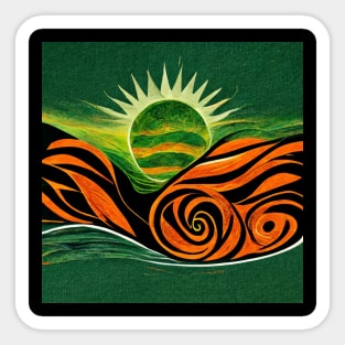 Bold, dramatic image of a green sun rising up from between orange and black mountains. Sticker